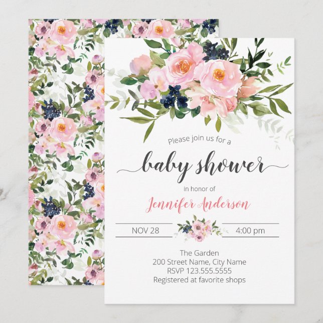 Pink and Blue Floral Baby Shower Invitation (Front/Back)