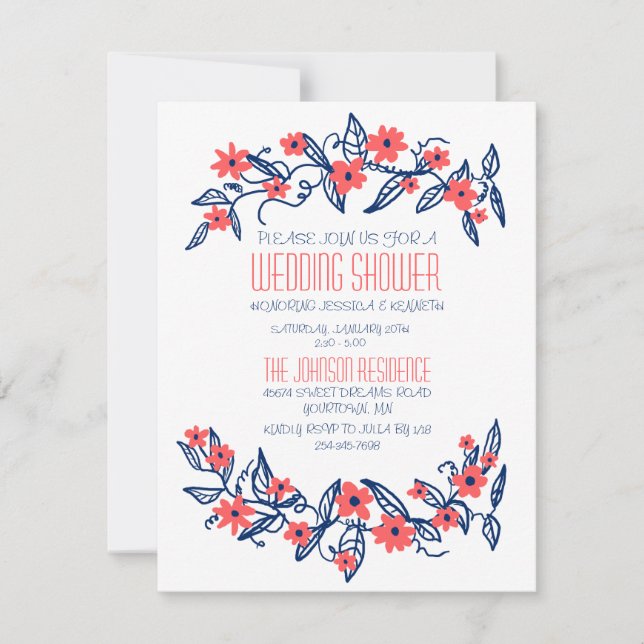 Pink and Blue Floral Banners Wedding Shower Invitation (Front)