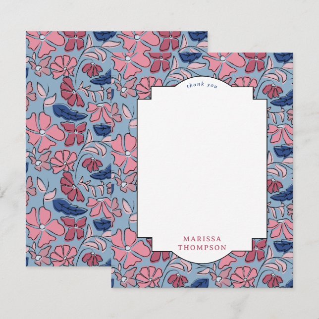 Pink and Blue Floral Block Print Boy Birthday Thank You Card (Front/Back)