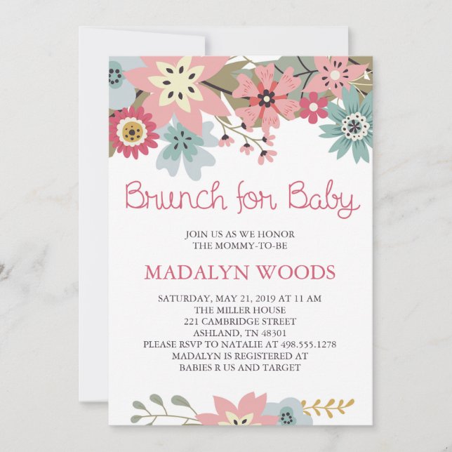 Pink and Blue Floral Brunch for Baby Invitation (Front)