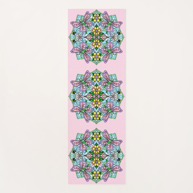 Pink and Blue Floral Butterfly Mandala  Yoga Mat (Front)