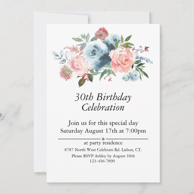Pink and Blue Floral, Customisable 30th. Birthday Invitation (Front)