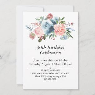 Pink and Blue Floral, Customisable 30th. Birthday Invitation