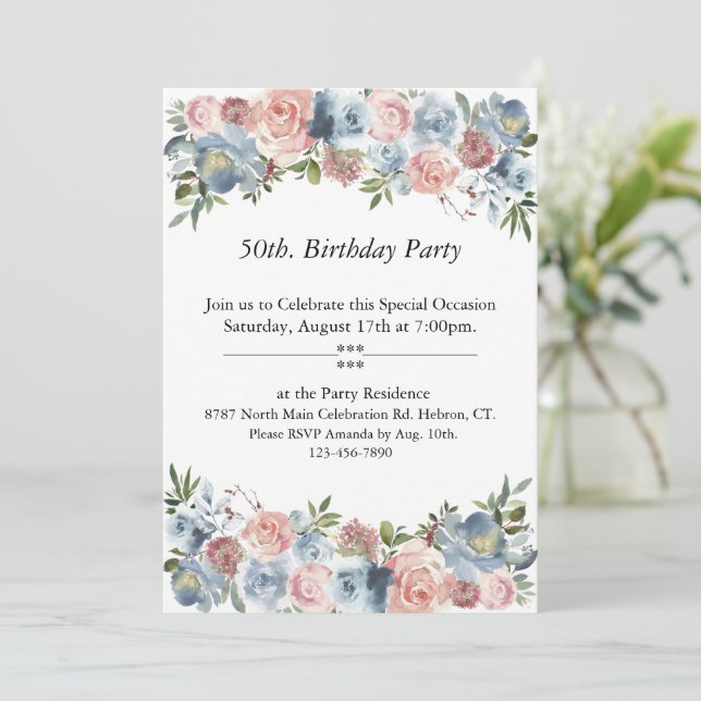 Pink and Blue Floral, Customisable,50th. Birthday Invitation (Standing Front)