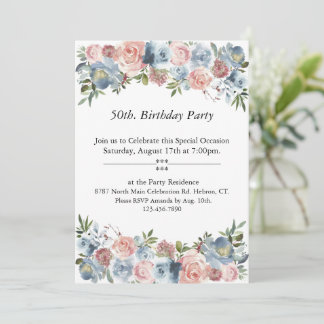 Pink and Blue Floral, Customisable,50th. Birthday Invitation