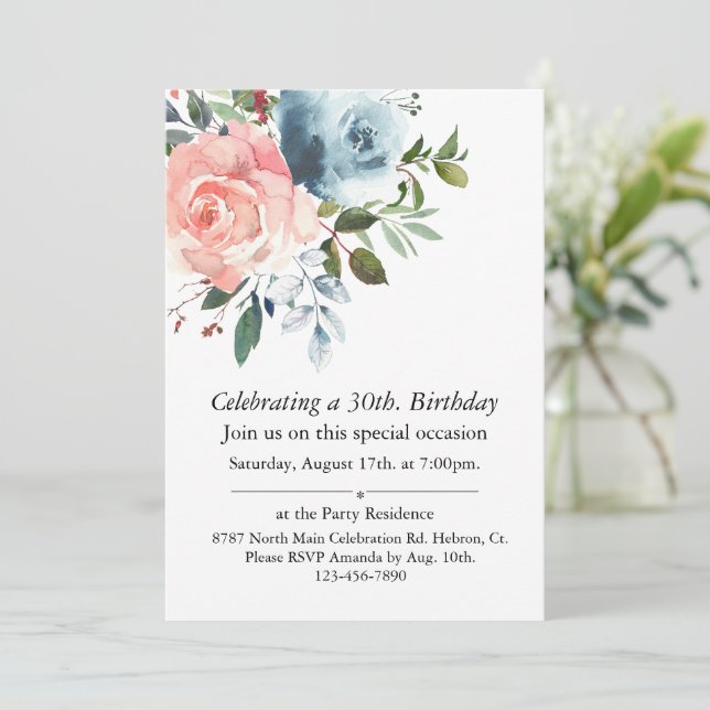 Pink and Blue Floral Customisable Birthday  Invitation (Standing Front)