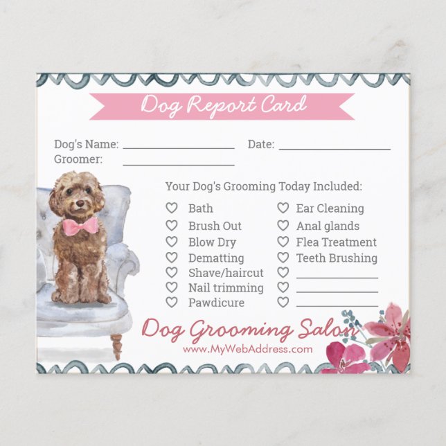 Pink and Blue Floral Dog Grooming Report Card  (Front)