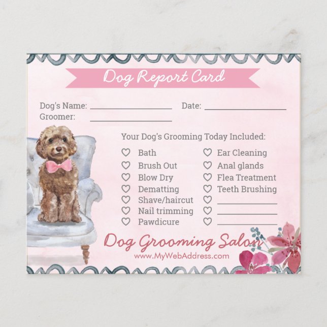 Pink and Blue Floral Dog Grooming Report Card (Front)