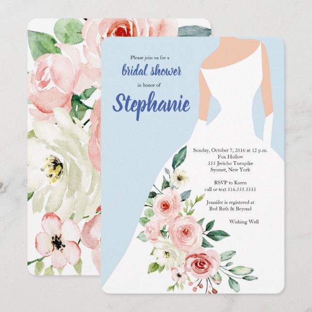 Pink and Blue Floral Dress Shower Invitation (Front/Back)