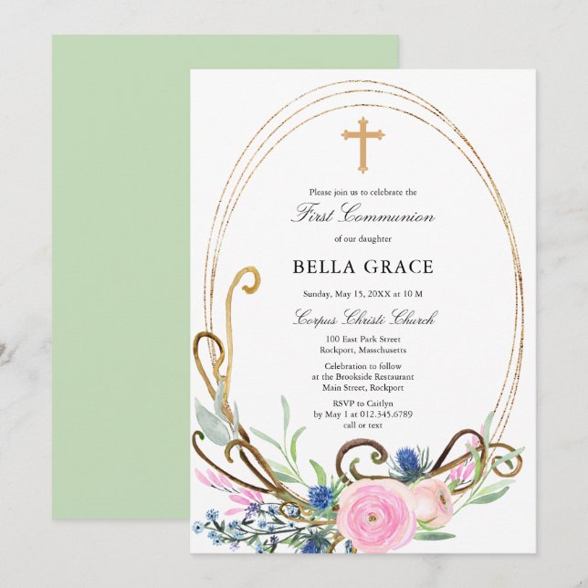 Pink and Blue Floral First Holy Communion Invitation (Front/Back)
