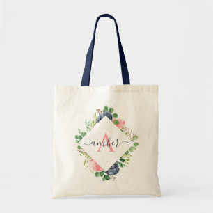 Pink and blue floral frame personalised tote bag