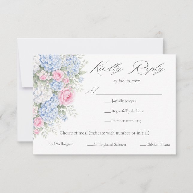 Pink and Blue Floral Garden Meal Choice Wedding RSVP Card (Front)