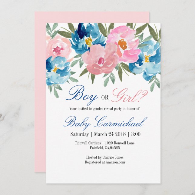 Pink and blue floral gender reveal party invite (Front/Back)