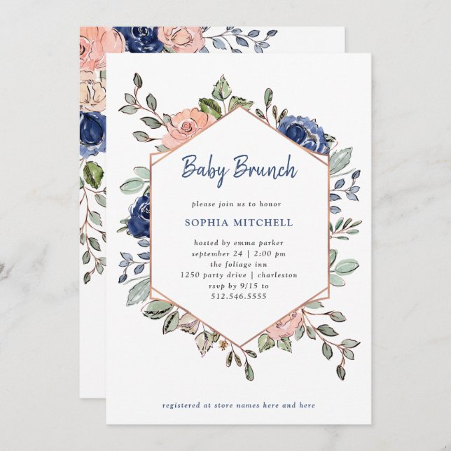 Pink and Blue Floral Geometric | Baby Brunch Invitation (Front/Back)