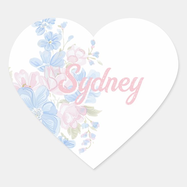 Pink and Blue Floral Grandmillennial | Name Heart Sticker (Front)