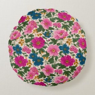 Pink and Blue Floral on Cream Round Pillow