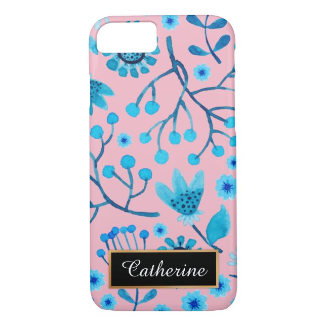 Pink and Blue Floral Pattern Personalised Case-Mate iPhone Case (Back)