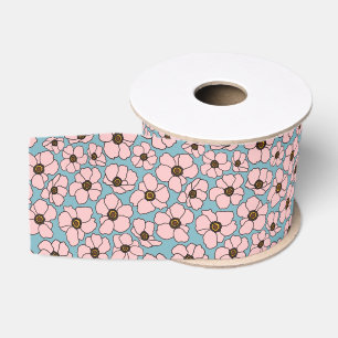 Pink And Blue Floral Print Grosgrain Ribbon