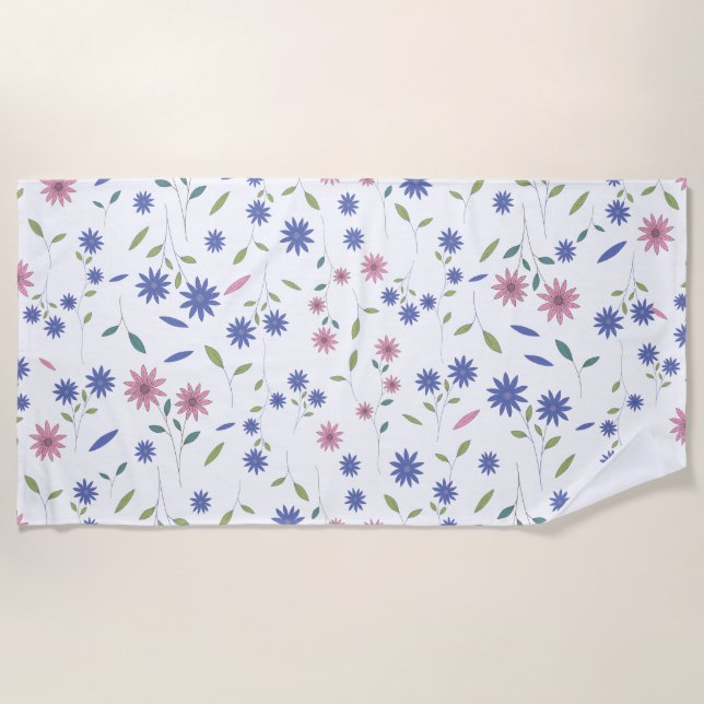 Pink and Blue Floral Seamless Pattern Beach Towel (Front)