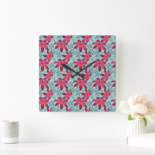 Pink and Blue Floral Seamless Pattern Square Wall Clock (Home)