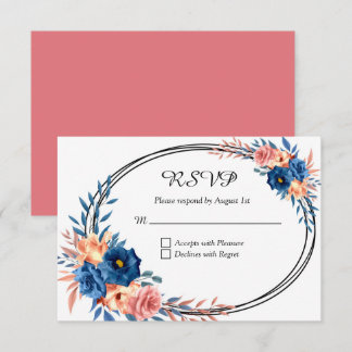 Pink and Blue Floral Wedding  RSVP Card