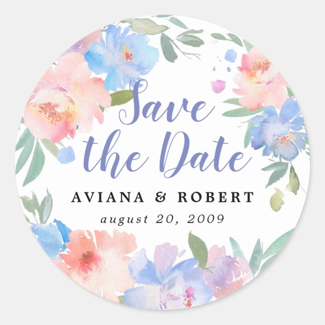 Pink and Blue Floral Wedding Save the Date Classic Round Sticker (Front)