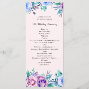 Pink and blue floral wedding. Watercolor flowers Programme