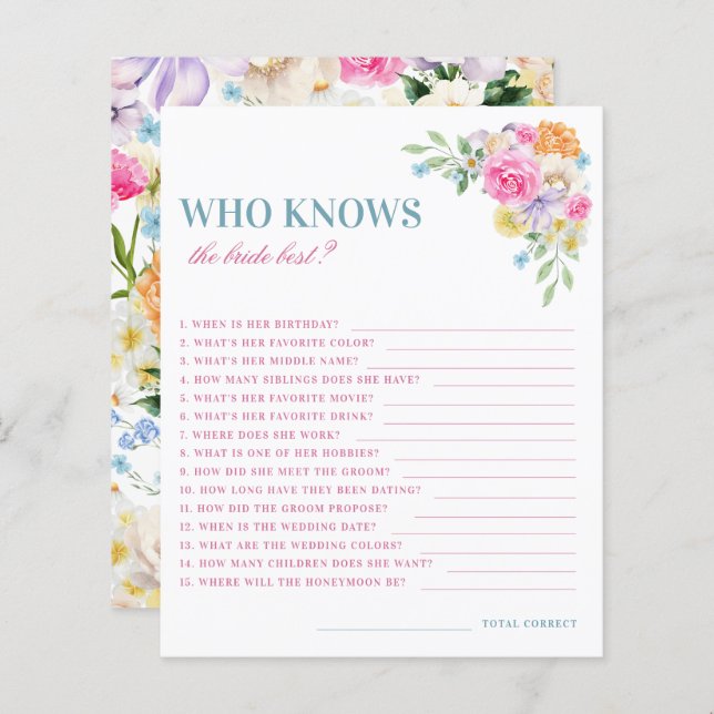 Pink and Blue Floral Who Knows the Bride Best Game (Front/Back)