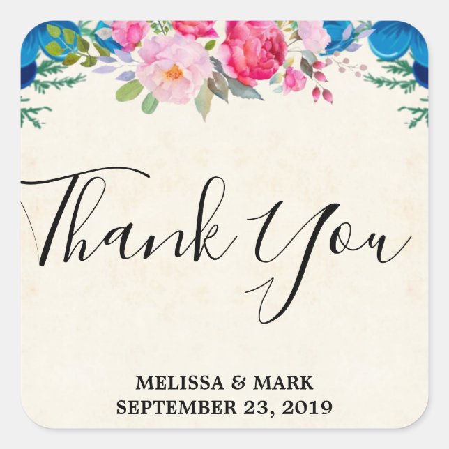 Pink and Blue Flower Border Wedding Thank You Square Sticker (Front)