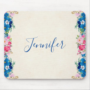 Pink and Blue Flower Frame Fancy Mouse Mat