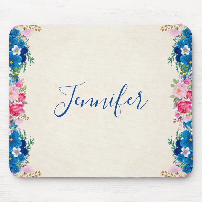 Pink and Blue Flower Frame Fancy Mouse Mat (Front)