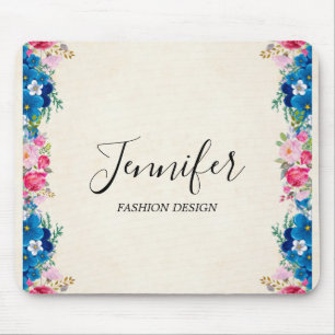Pink and Blue Flower Frame Fancy Mouse Mat