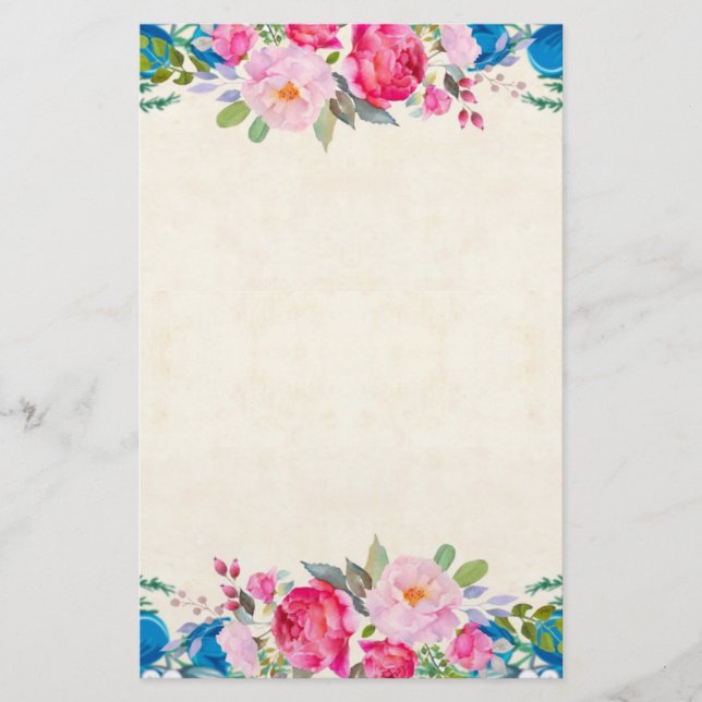 Pink and Blue Flower Frame Fancy Stationery (Front)