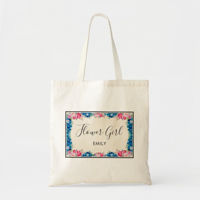 Pink and Blue Flower Frame Fancy Wedding Party Tote Bag (Front)