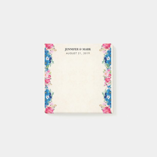 Pink and Blue Flower Frame Fancy Wedding Post-it Notes (Front)