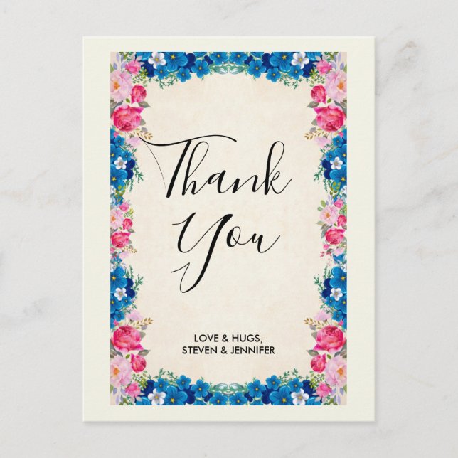 Pink and Blue Flower Frame Fancy Wedding Thank You Postcard (Front)