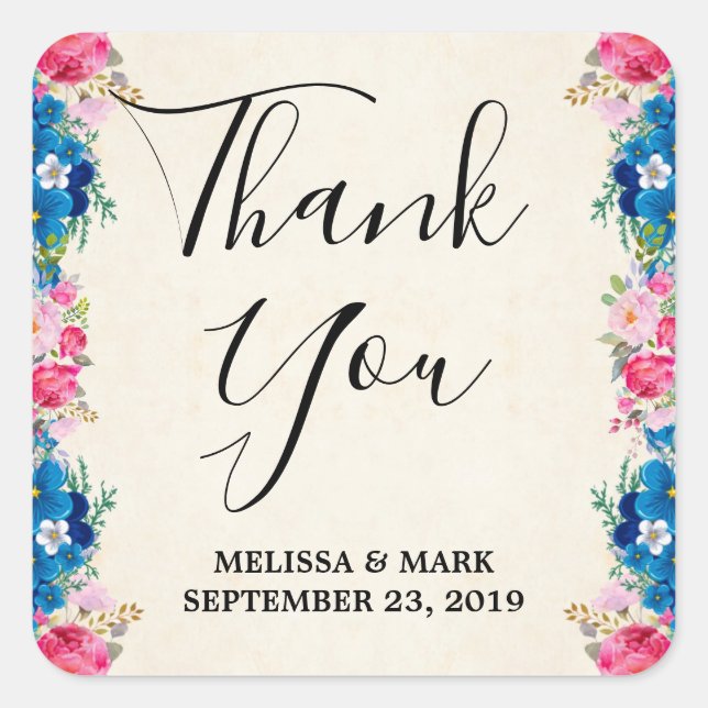 Pink and Blue Flower Frame Fancy Wedding Thank You Square Sticker (Front)