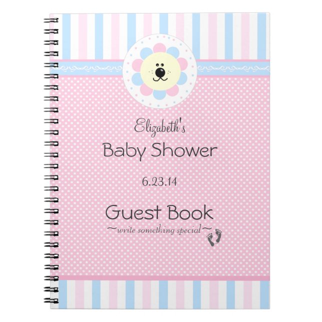Pink and Blue Flower Lion Baby Shower Guest Book (Front)