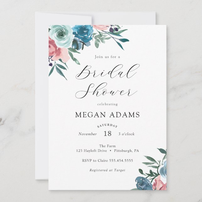 Pink and Blue Flowers Bridal Shower Invitation (Front)