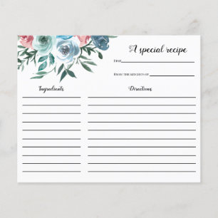 Pink and Blue Flowers Bridal Shower Recipe card