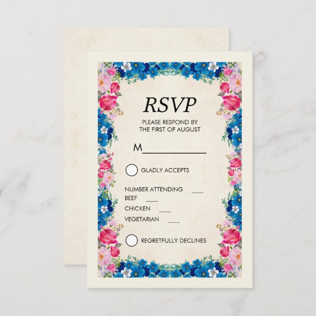 Pink and Blue Flowers Fancy Elegant RSVP Invitation (Front/Back)
