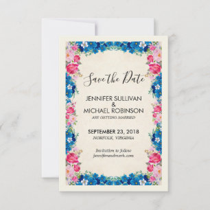 Pink and Blue Flowers Fancy Elegant Wedding Save The Date