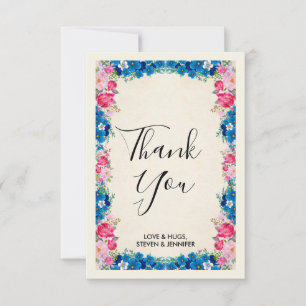 Pink and Blue Flowers Fancy Frame Wedding Thank You Card