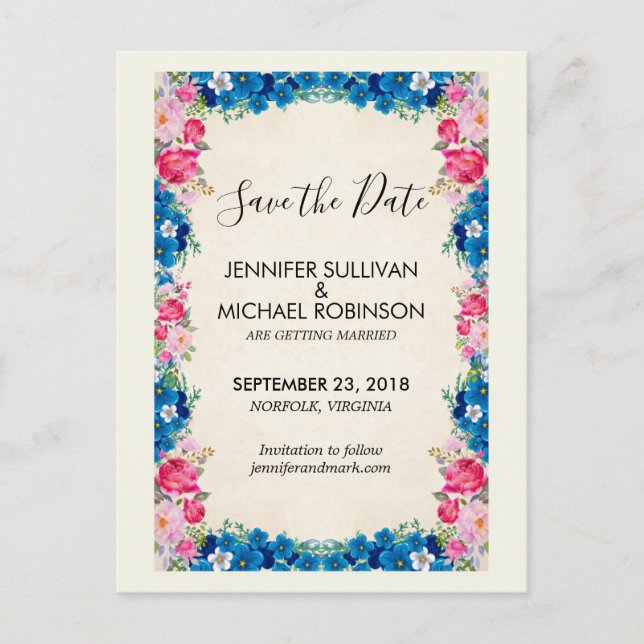 Pink and Blue Flowers Fancy Wedding Save the Date Postcard (Front)