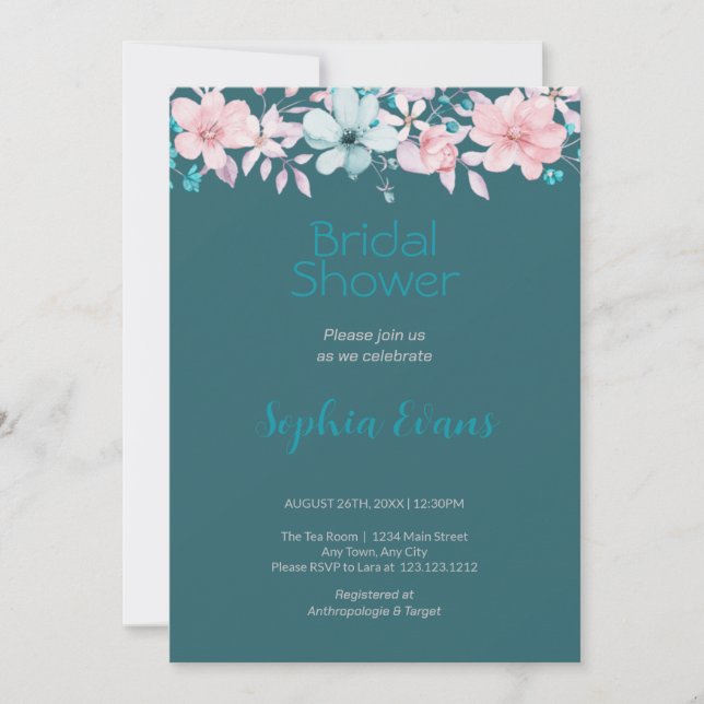 Pink and Blue Flowers Green Bridal Shower Invitation (Front)