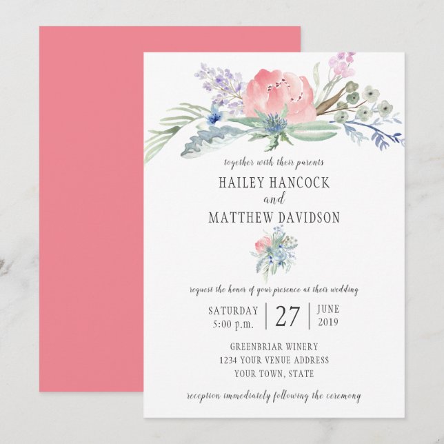 Pink and Blue Flowers Greenery Wedding Invitation (Front/Back)