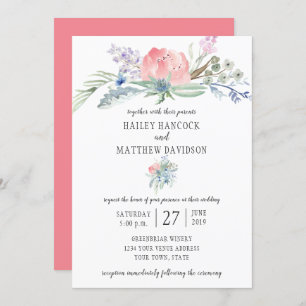 Pink and Blue Flowers Greenery Wedding Invitation