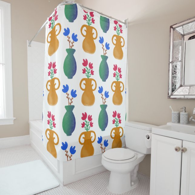 Pink and Blue Flowers in Pots Shower Curtain (In Situ)