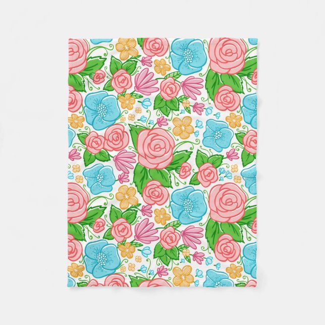 Pink And Blue Flowers On Blue Background Fleece Blanket (Front)