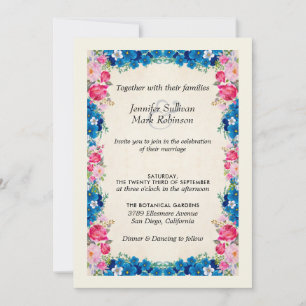 Pink and Blue Flowers on Faux Parchment Wedding Invitation